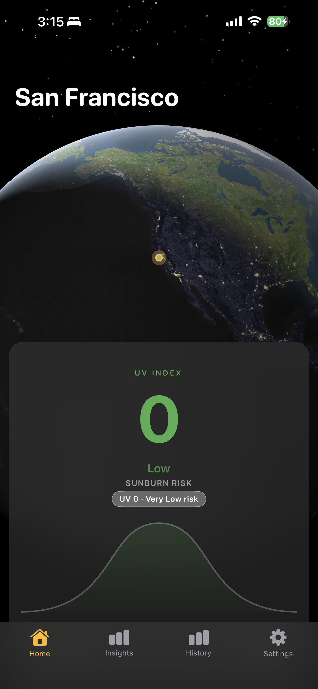 SunDaily home screen showing UV index 6, sun arc, and daily progress ring